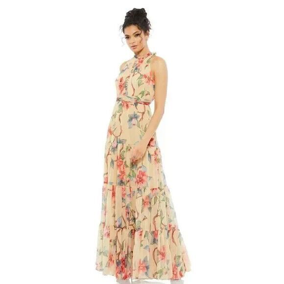 Mac Duggal 55429 High Neck Pleated‎ Floral A-Line Gown SZ 10 Nude Multi NWT! - Picture 1 of 7